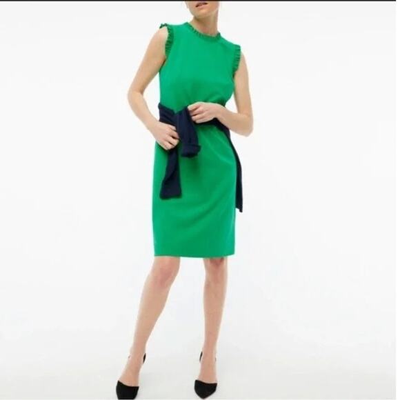 J. Crew Sleeveless Ruffle Neck Knee Length Sheath Dress 10 Modern Kelly Green - Picture 1 of 16